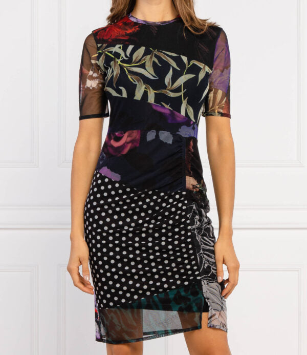 Desigual Amber Patchwork Mesh Minikleid – Schwarz Mehrfarbig