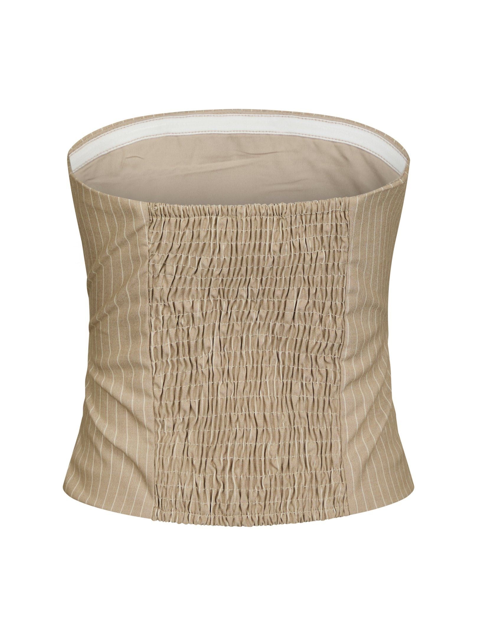 Neo Noir Beige Nadelstreifen Smocked Bandeau Tube Top – Trägerlos | Damen