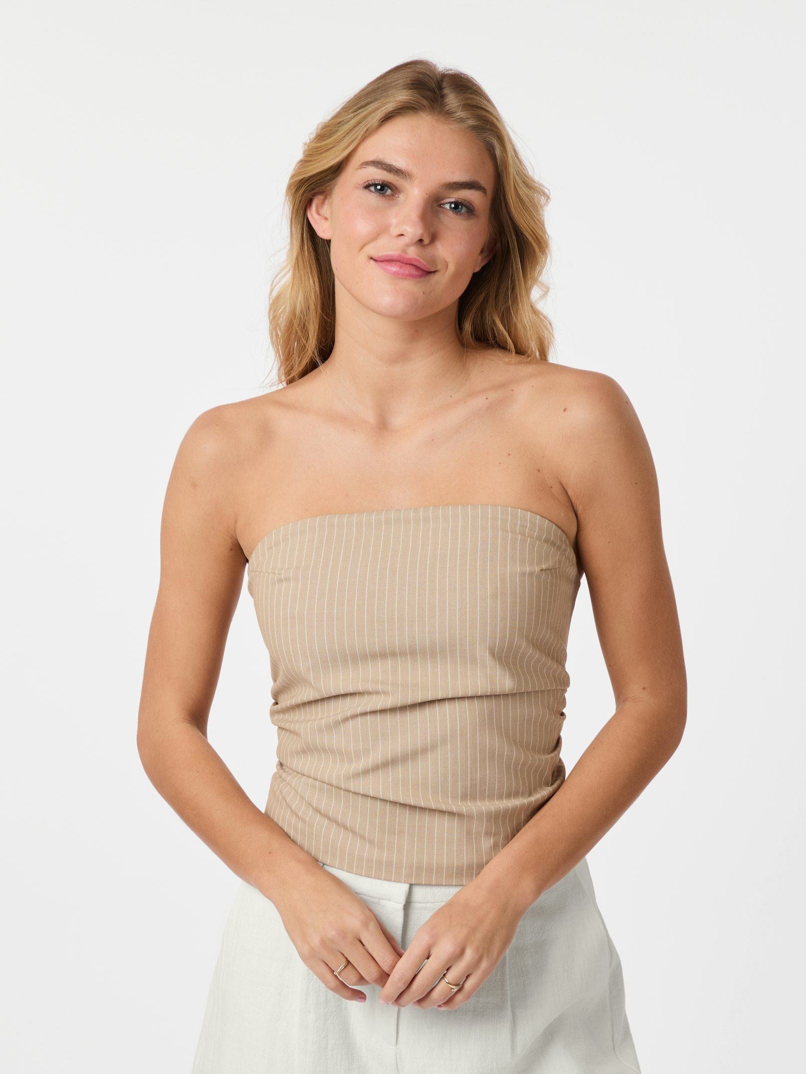 Neo Noir Beige Nadelstreifen Smocked Bandeau Tube Top – Trägerlos | Damen
