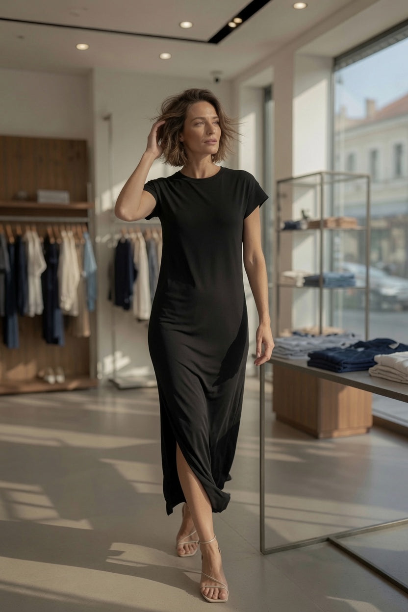 PIECES PCANDORA SS O-Neck Lena Maxikleid – Schwarz