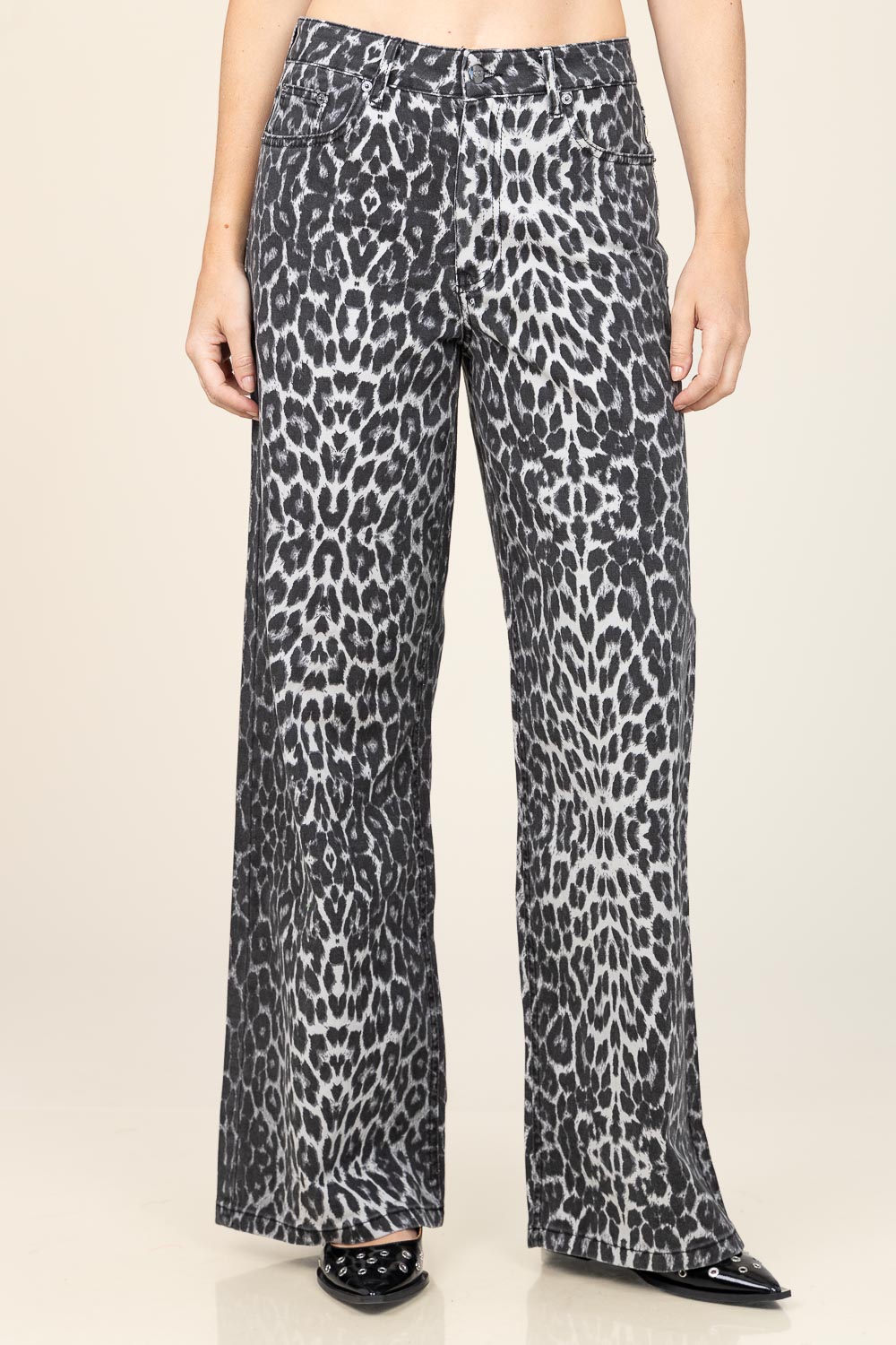 Co'couture Leo Wide-Leg-Jeans mit Leopardenmuster – Grau