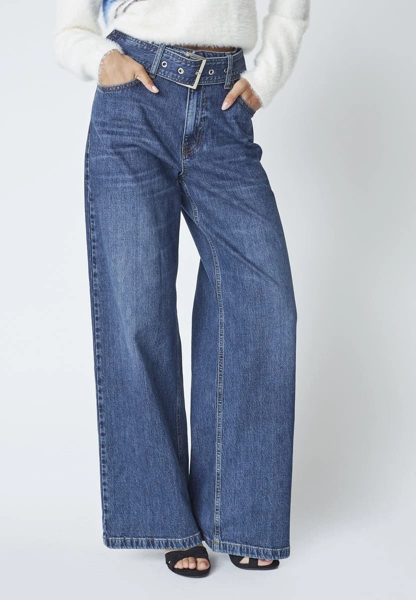 Co'couture Rumi CC Wide-Leg-Jeans mit Gürtel – dunkler Denim