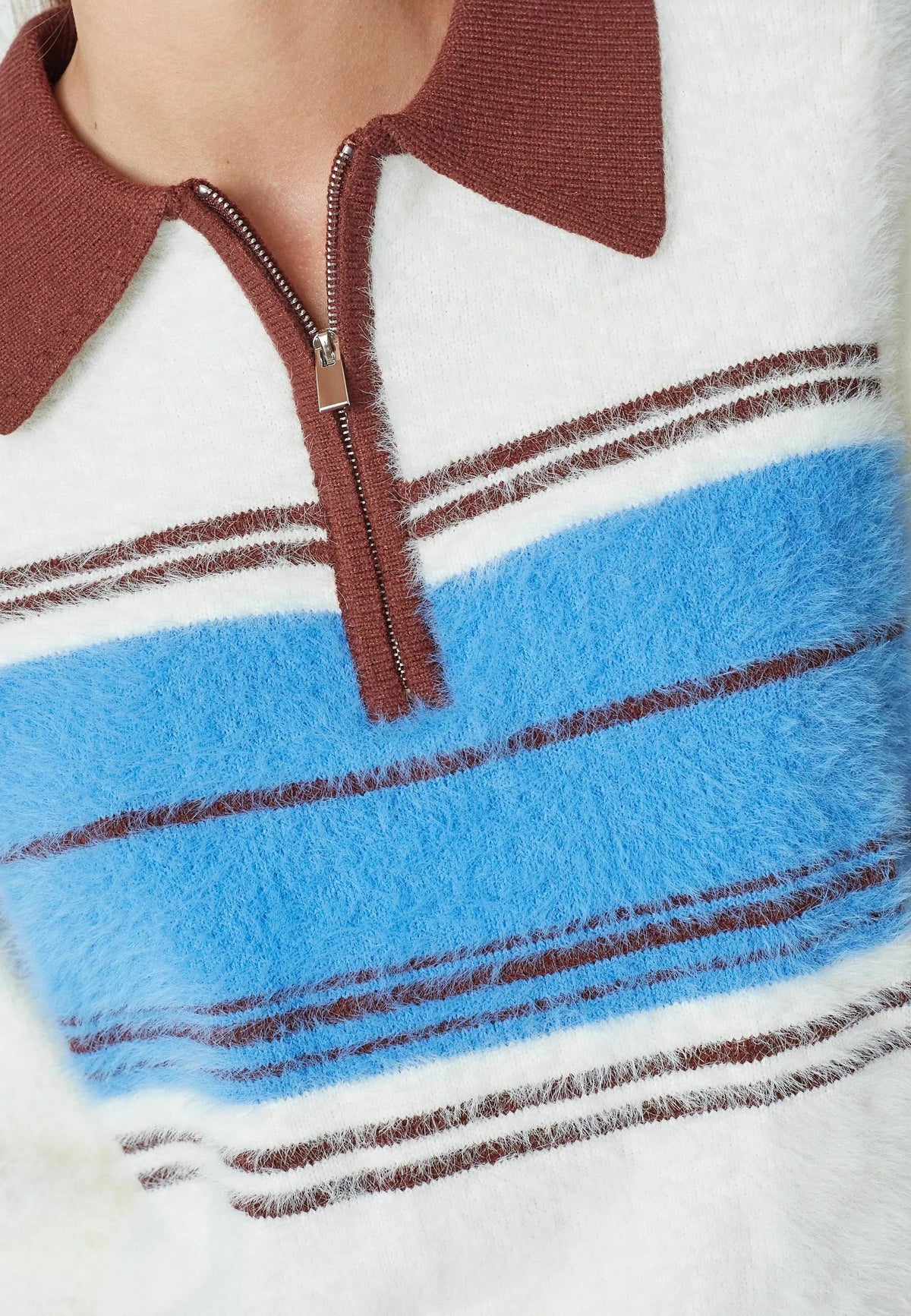 Co'couture Tory Streifen-Strickpullover mit Reißverschluss – Ecru