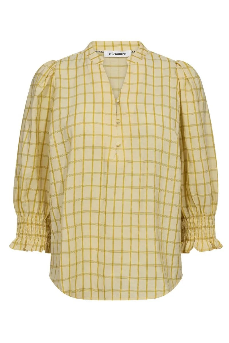 Co'couture Mango CC karierte Kurzarmbluse – Pastellgelb