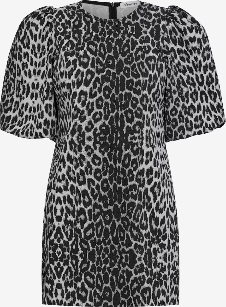 Co'couture Leo CC Minikleid mit Puffärmeln – graues Leopardenmuster