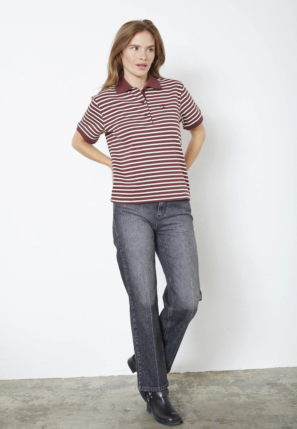 Co'couture Hayes CC Kurzarm-Poloshirt – weinrot gestreift