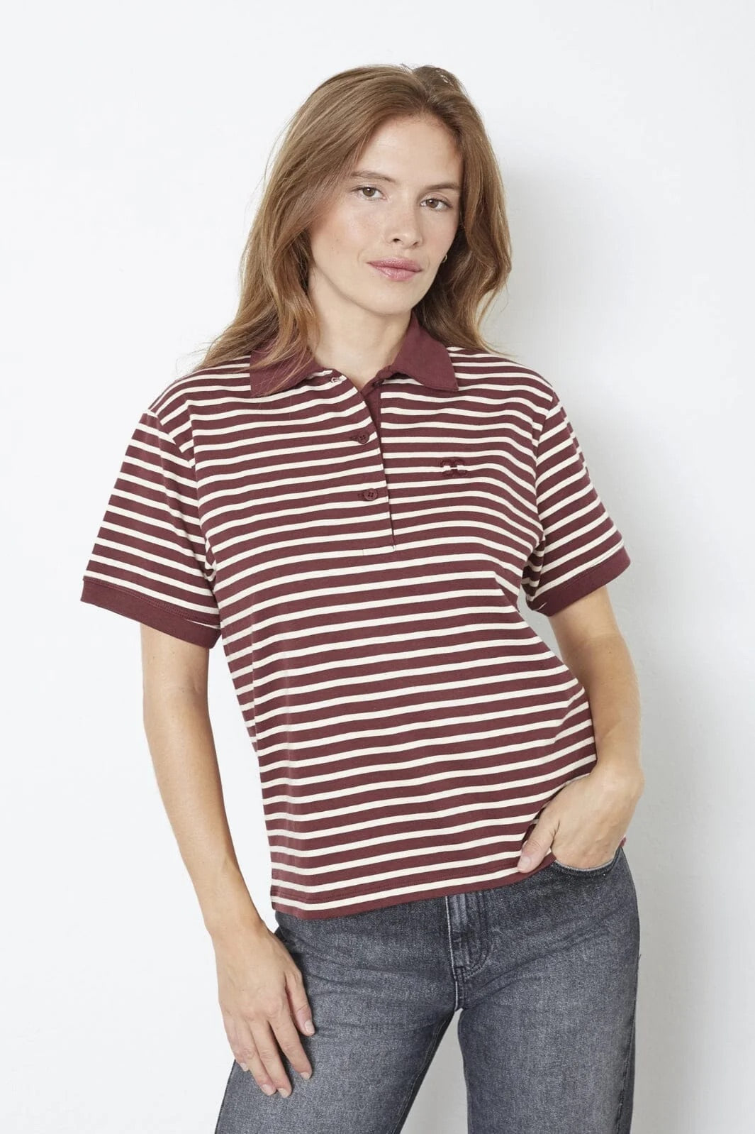 Co'couture Hayes CC Kurzarm-Poloshirt – weinrot gestreift