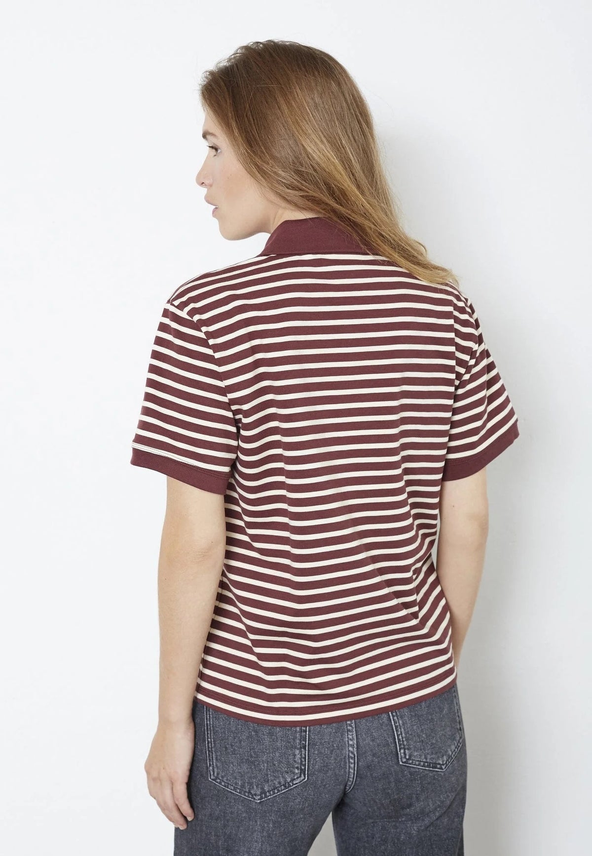 Co'couture Hayes CC Kurzarm-Poloshirt – weinrot gestreift