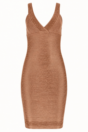 Front view of a fitted bronze shimmer mini dress with wide shoulder straps and a crossover V-neckline on a white background.