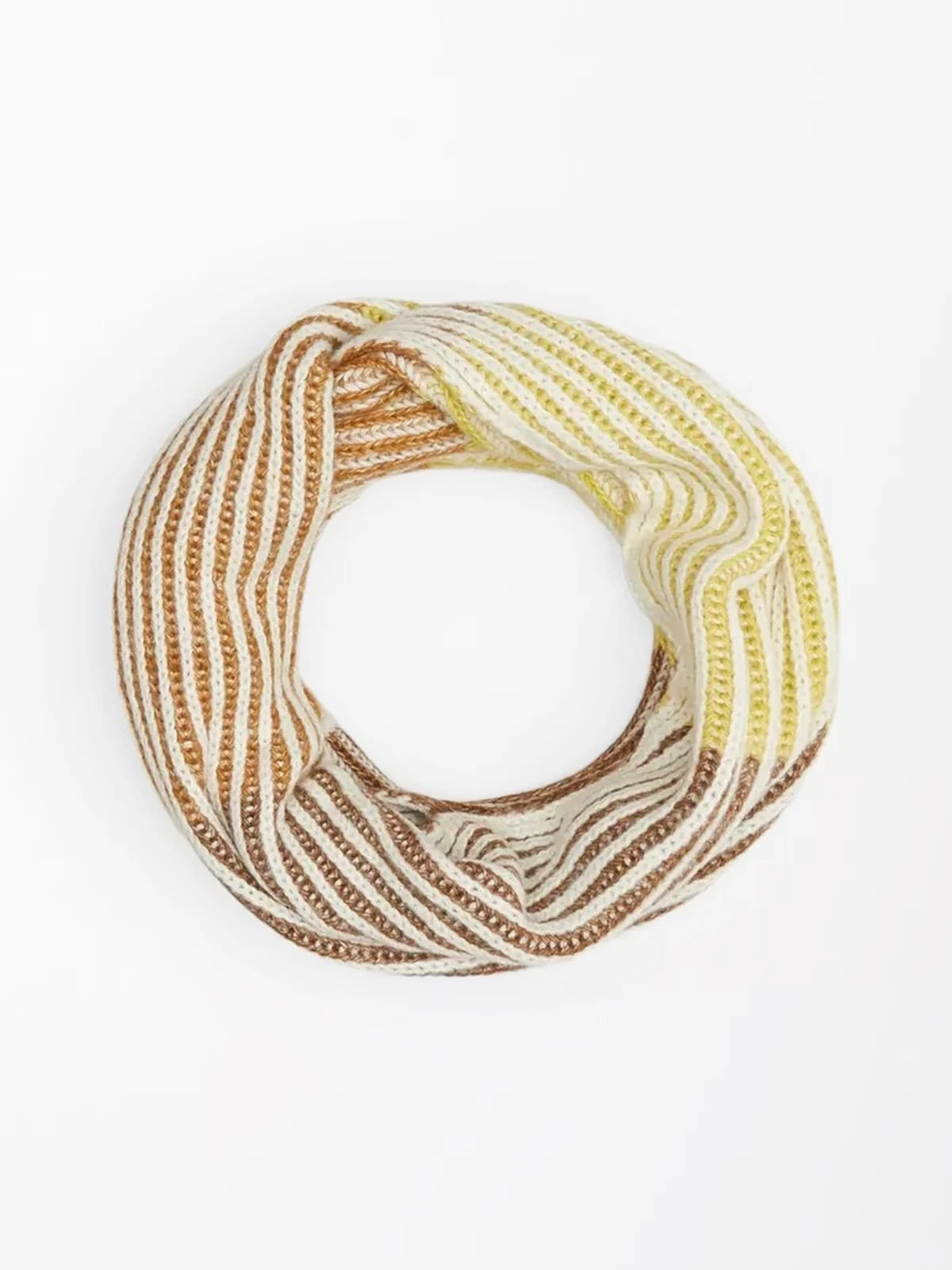 s.Oliver women's loop scarf with textured cream, brown and yellow stripes