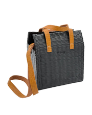 O bag Glam – Schwarze Tasche mit gewebter Textur und cognacfarbenen Ledergriffen