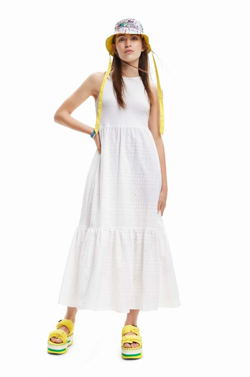 Desigual Geripptes Oberteil mit Lochstickerei Midikleid – Weiß