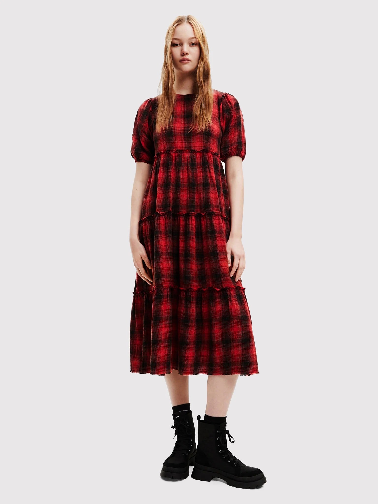 Desigual Midikleid Khan Tartan mit Stufenrock – Rot
