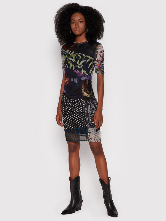 Desigual Amber Patchwork Mesh Minikleid – Schwarz Mehrfarbig