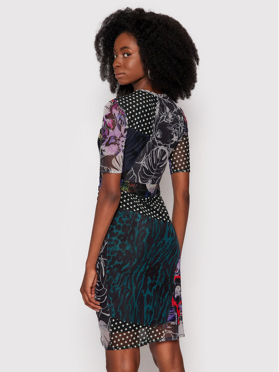 Desigual Amber Patchwork Mesh Minikleid – Schwarz Mehrfarbig