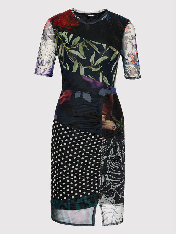 Desigual Amber Patchwork Mesh Minikleid – Schwarz Mehrfarbig