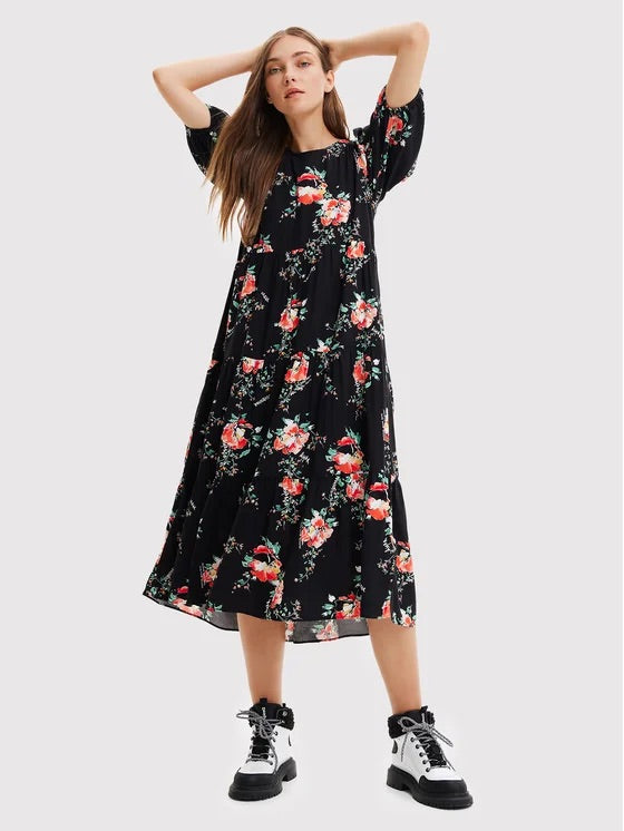 Desigual Florencia Geblümtes Stufen-Midikleid – Schwarz