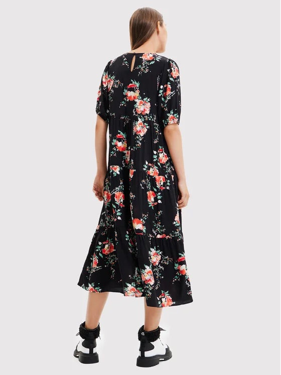 Desigual Florencia Geblümtes Stufen-Midikleid – Schwarz
