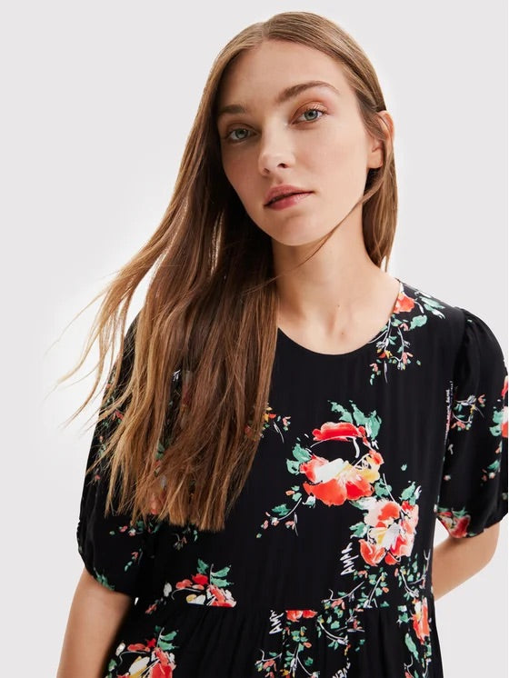 Desigual Florencia Geblümtes Stufen-Midikleid – Schwarz