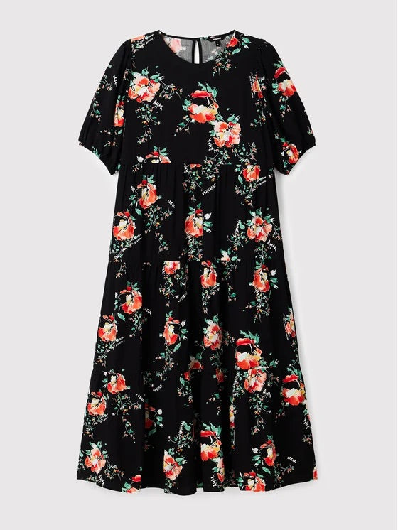 Desigual Florencia Geblümtes Stufen-Midikleid – Schwarz