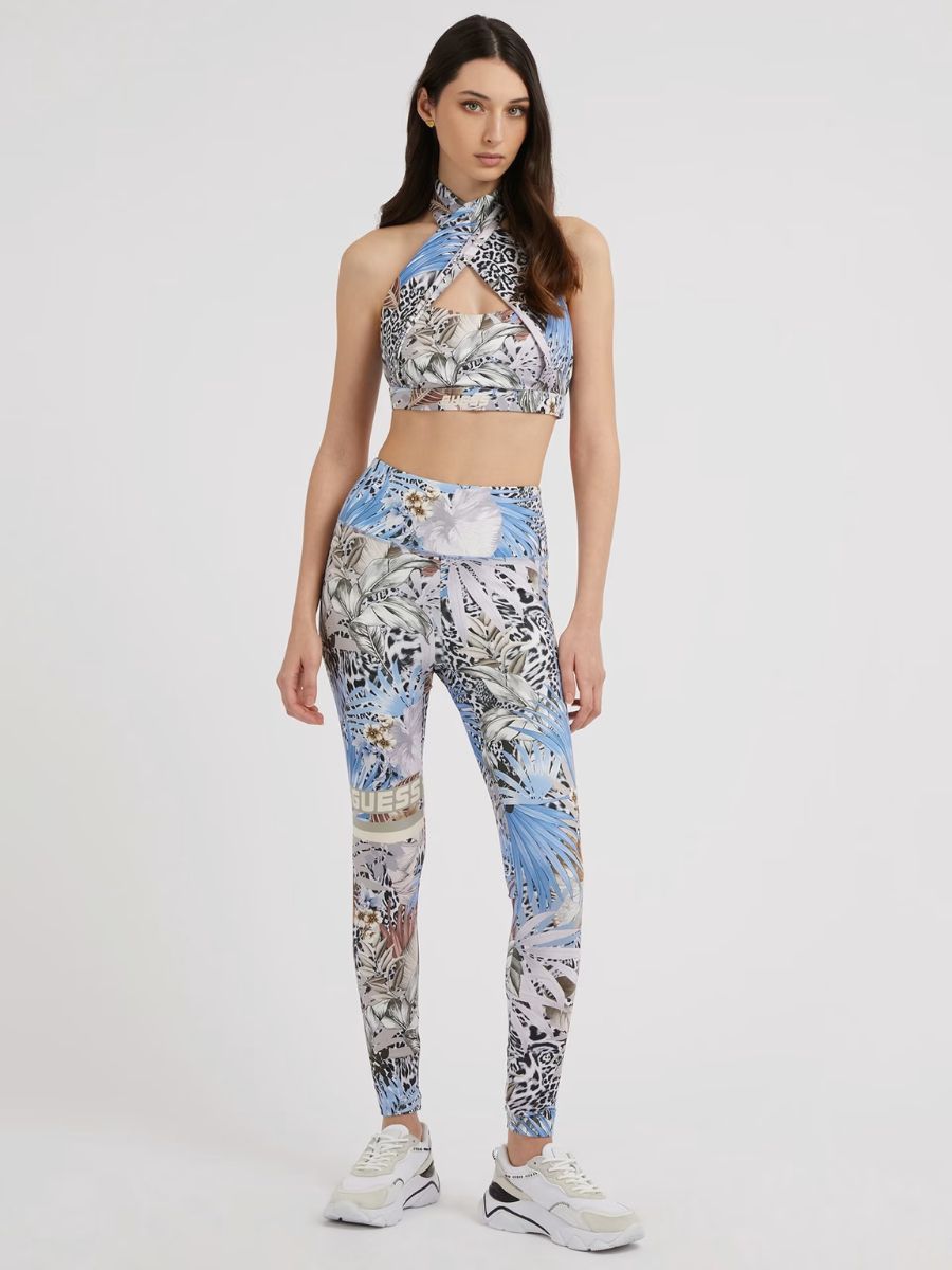 Guess Carlene Active Tropical Print Cross-Neck BH-Oberteil – Blau | Ärmellos