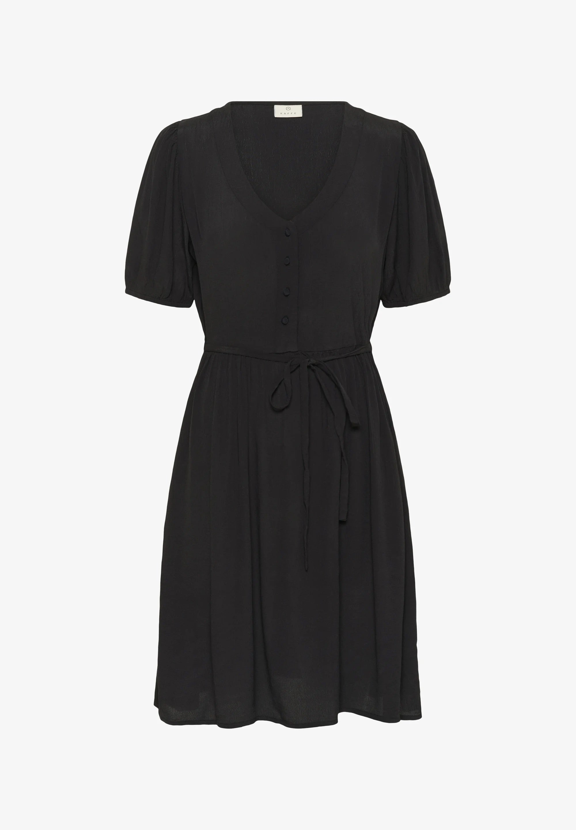 Kaffe KAliana Black Deep Hemdblusenkleid – V-Ausschnitt Puffärmel Bindegürtel Taschen Mini | Damen