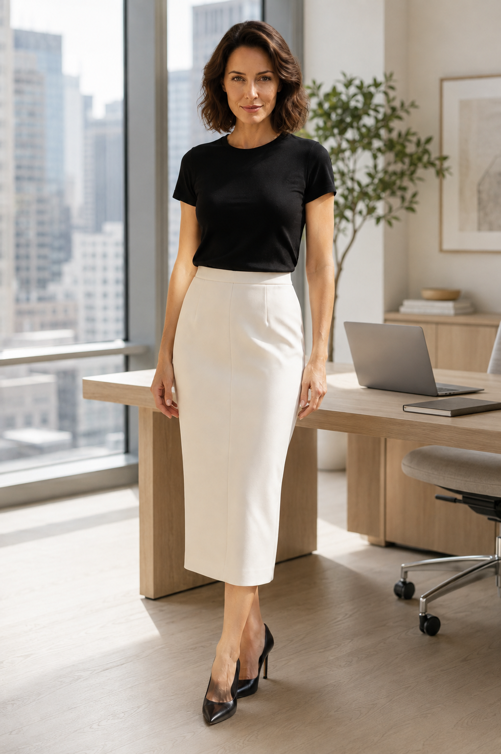 Model showcasing Marciano by Guess Midi Pencil Skirt – Off White, paired with a black top in a modern office setting.