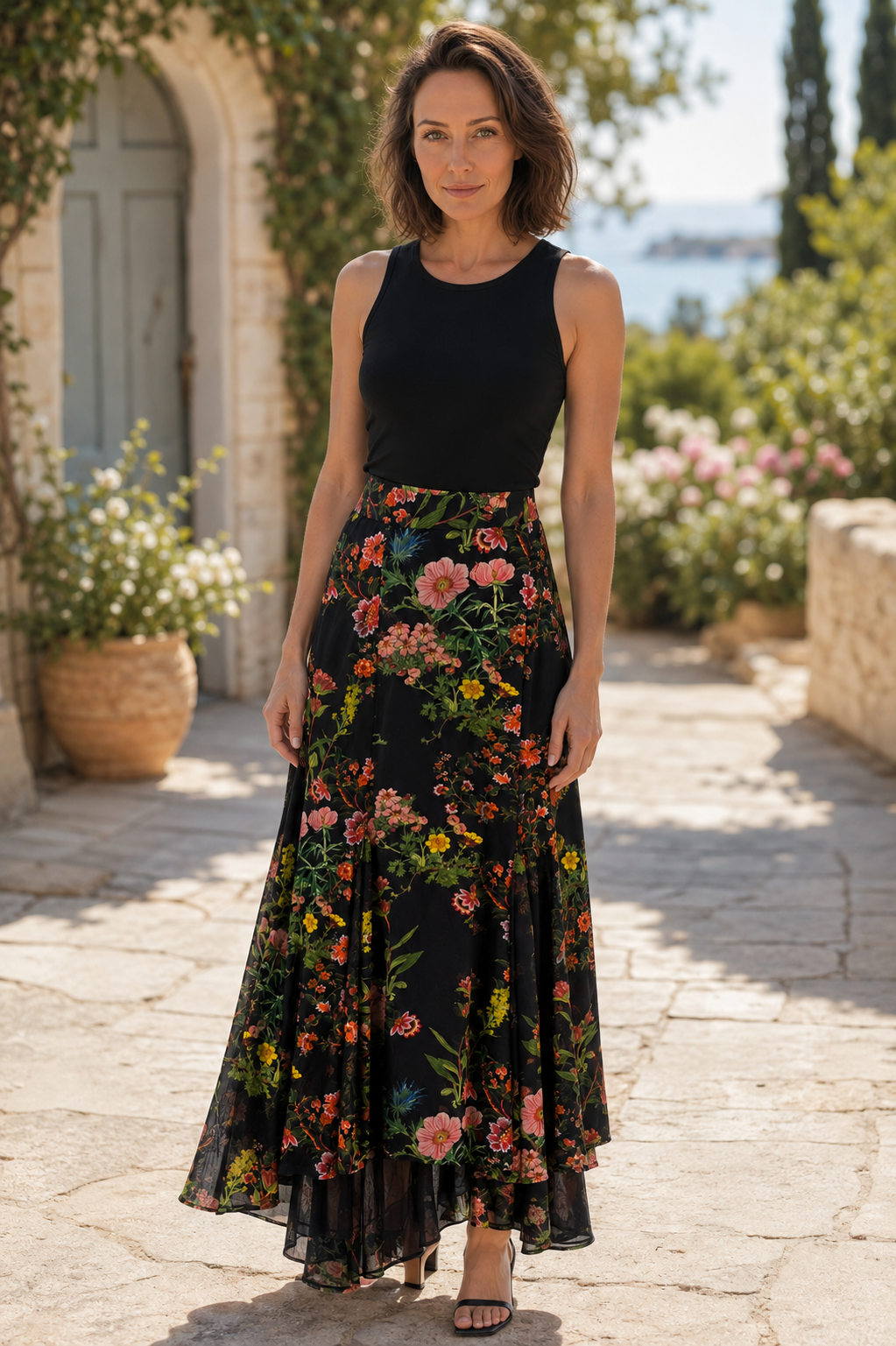 Marciano by Guess Lewis Mesh Rock - Schwarz Beauty Print zeigt Frau in Blumenmuster
