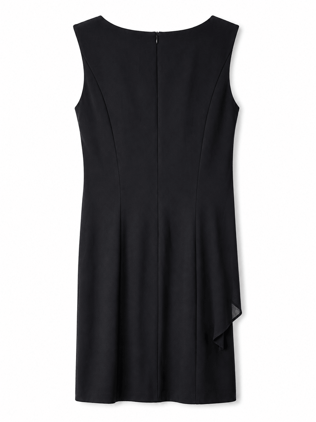 Back view of the Marciano by Guess Asymmetric Flounce Shift Dress – Black, a stylish women's fashion dress from premium brands outlet.