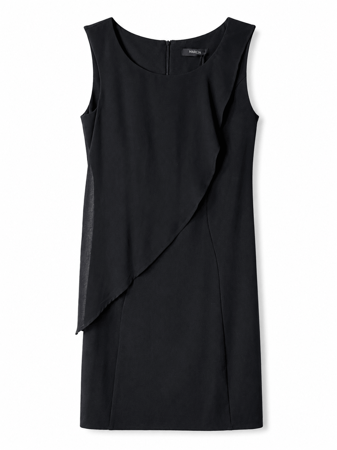 Marciano by Guess Asymmetric Flounce Shift Dress – Black, sleeveless dress, women's fashion, designer clothing, premium brands.