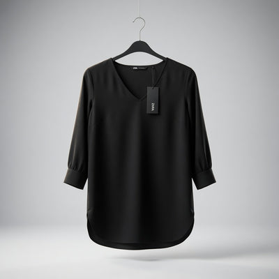Zero schwarze Crêpe-Bluse mit V-Ausschnitt – 3/4-Arm