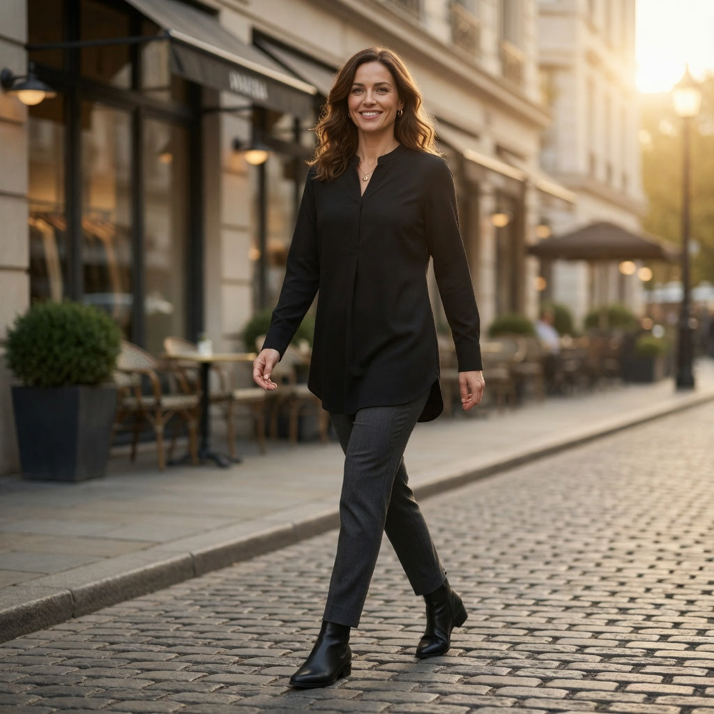 Zero Black Longline-Bluse – Stehkragen Langarm | Damen