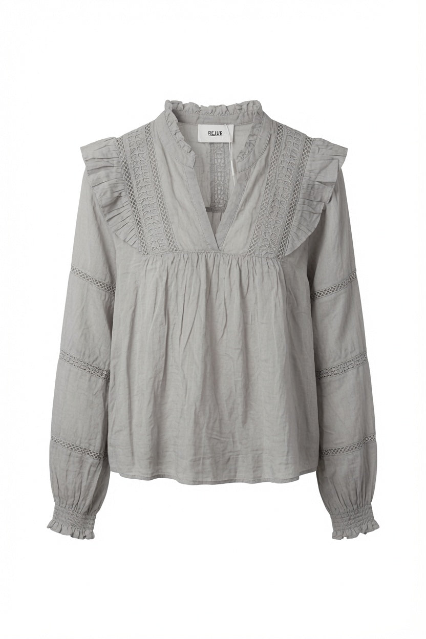 Mood Boho Bluse – Grau | Damen Oberteil mit Spitzenbesatz und Rüschen
