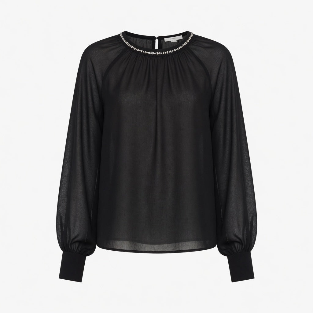 Chiffonbluse Zero mit Kristall-Ausschnitt – Schwarz