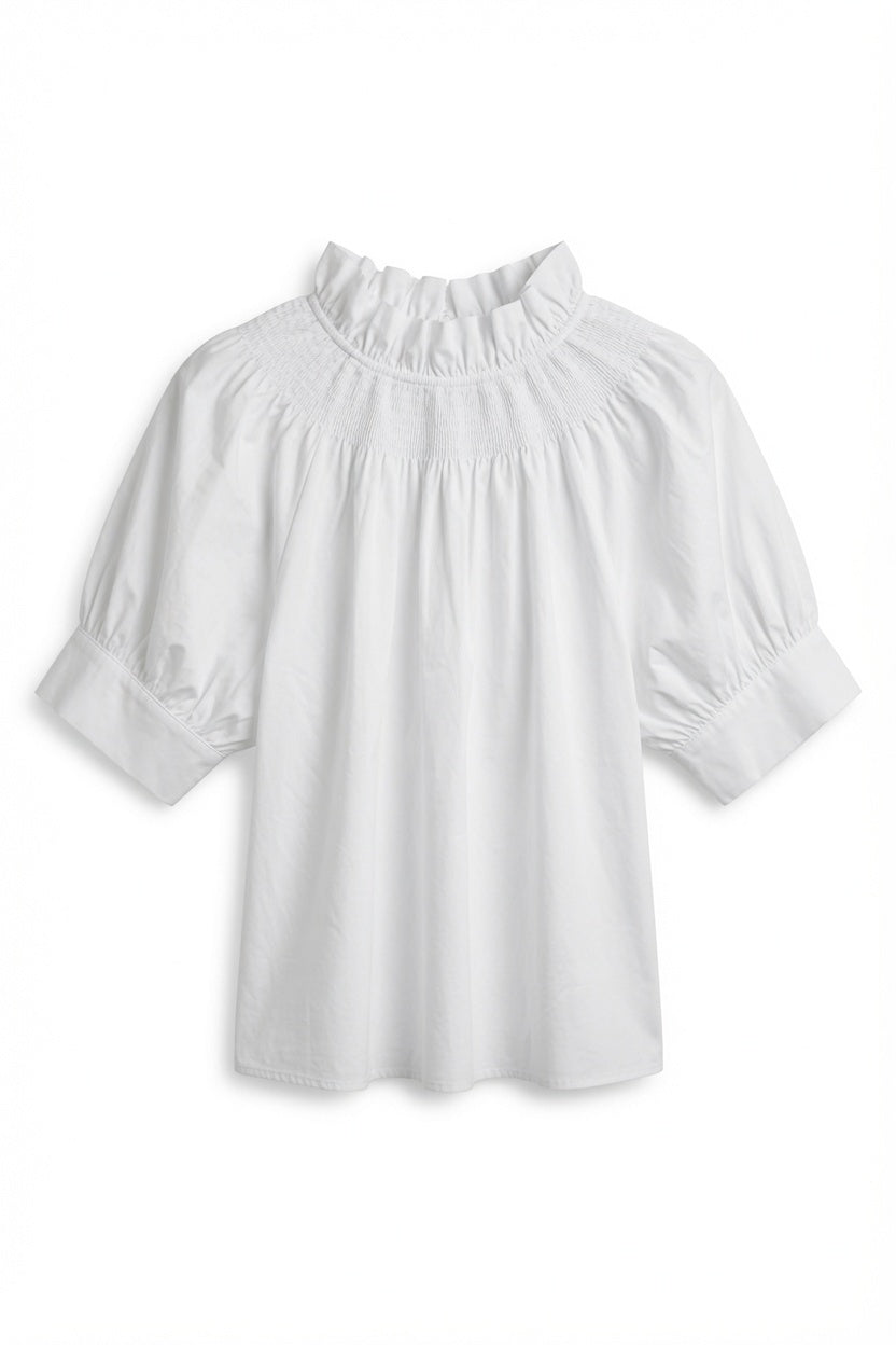 Feminin Flora Bluse – Weiß | Damen-Rüschenhals-Puffärmel-Oberteil