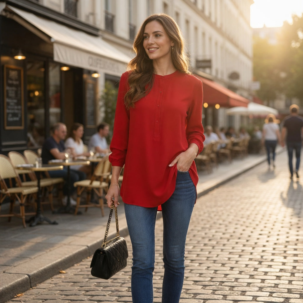 Zero Rote Crêpe-Longbluse – Kragenlos Langarm | Damen