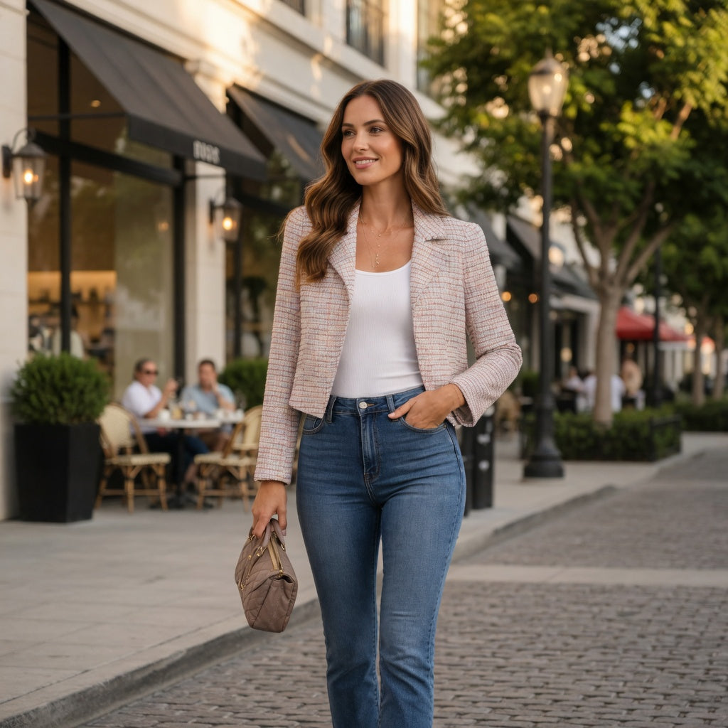Zero Pink Tweed Bouclé Cropped Blazer – Goldene Knöpfe | Damen