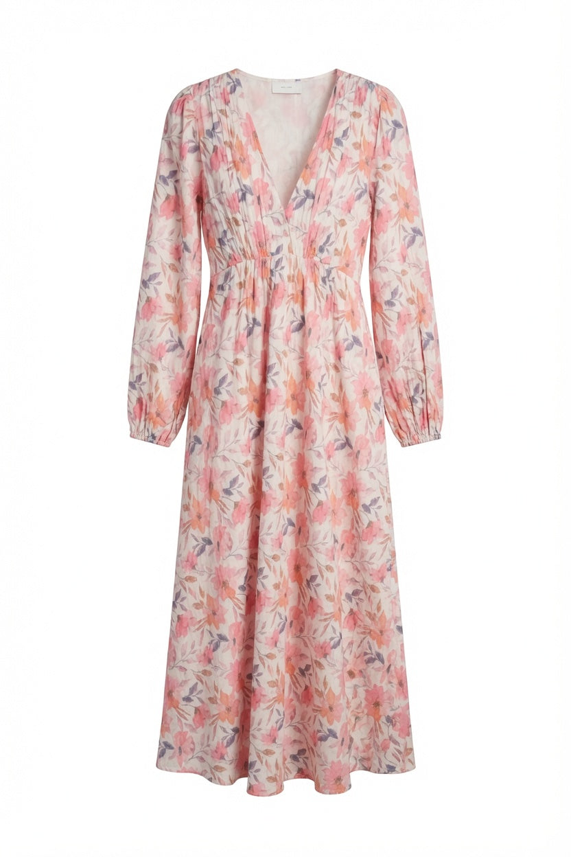 Neo Noir florales Chiffon-Midikleid – Blush Pink | Damen V-Ausschnitt Maxikleid