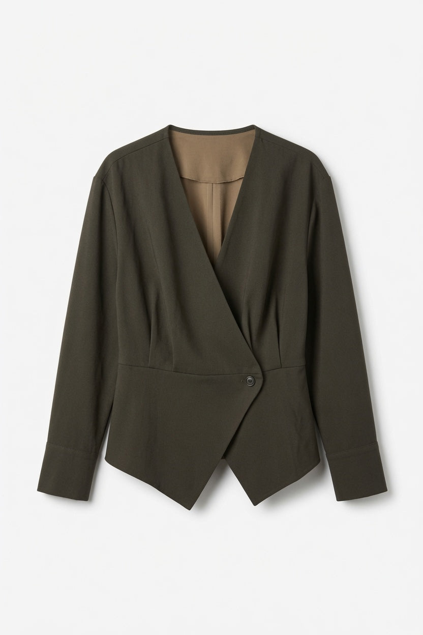 Neo Noir Asymmetrischer Wickelblazer – Olivgrün | Damen Kurzjacke ohne Kragen
