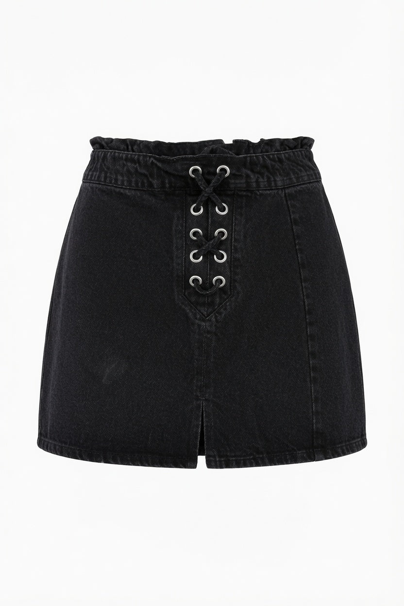 Kaffe Jeans-Minirock zum Schnüren – Schwarz | Damenrock mit Paperbag-Taille