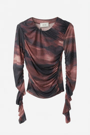 Neo Noir gerüschte Mesh-Bluse mit braunem abstraktem Print