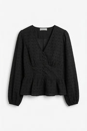 Neo Noir Peplum-Bluse in Schwarz mit Lochstickerei