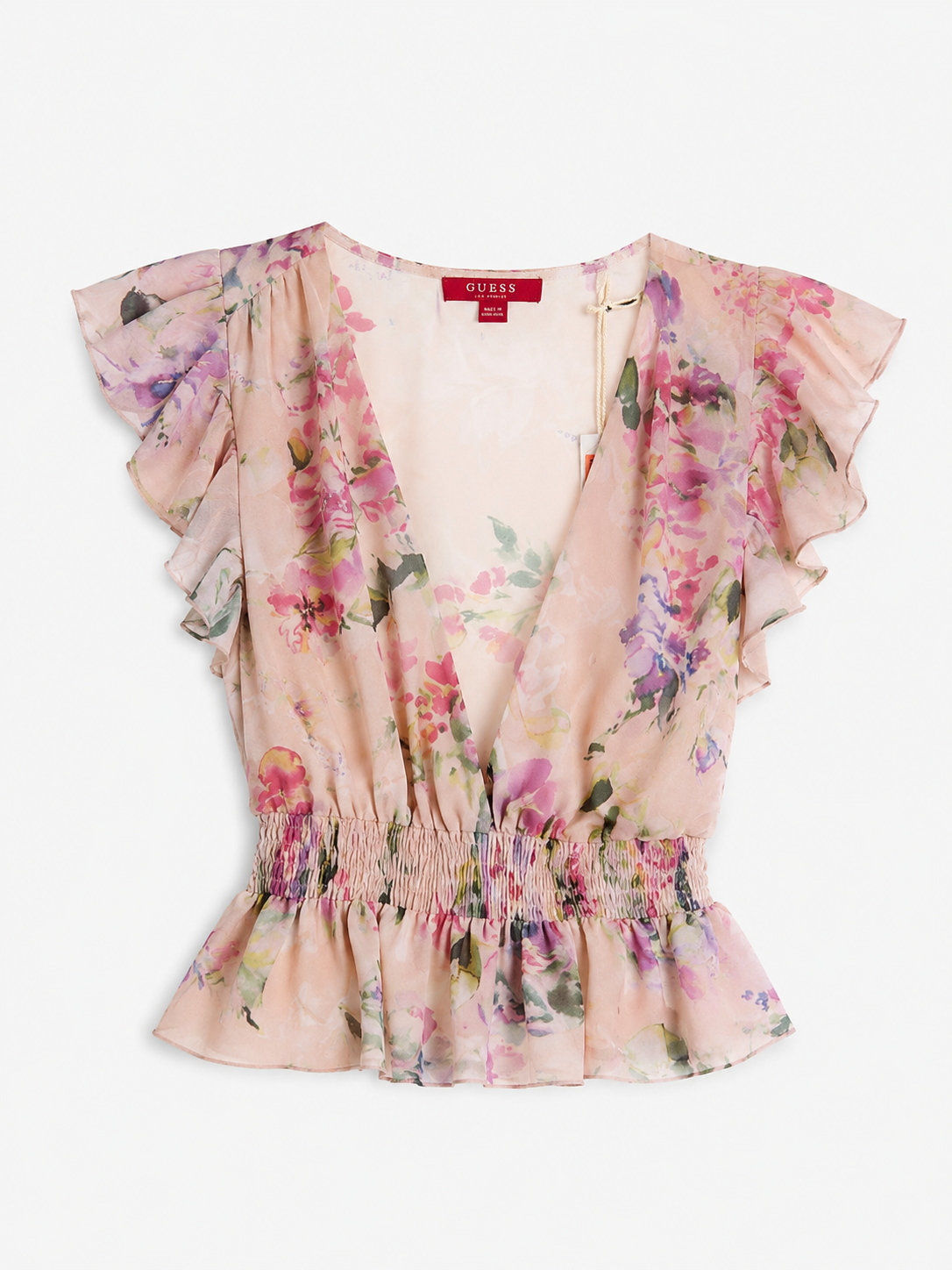 Guess Dawn Pink florales Chiffon-Schößchen-Oberteil – tiefer V-Ausschnitt, Rüschenärmel