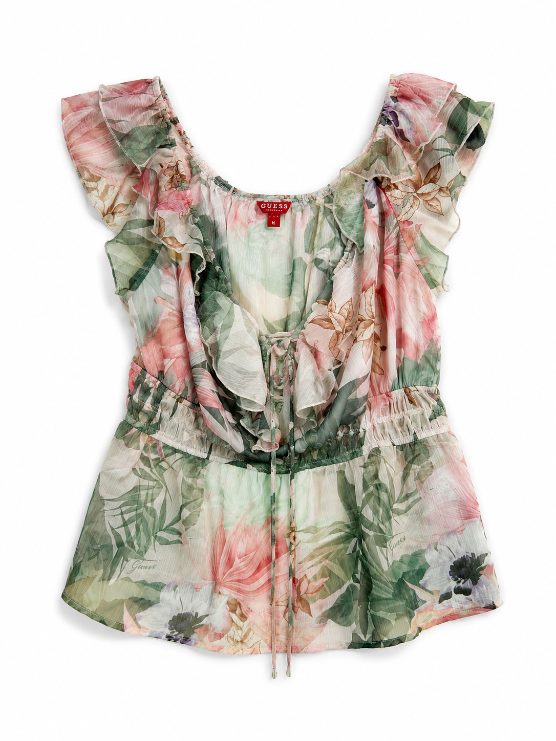 Guess Hanny Chiffon-Rüschenoberteil mit tropischem Blumenmuster – V-Ausschnitt zum Binden an der Taille | Damen