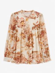 Guess Crèmefarbene florale Chiffonbluse – Bindeband am Ausschnitt mit Quasten Langarm