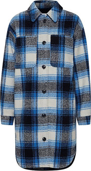 Front view of the ICHI IHELISABETTE long blue, black and white checked jacket with two chest patch pockets and a button fastening.