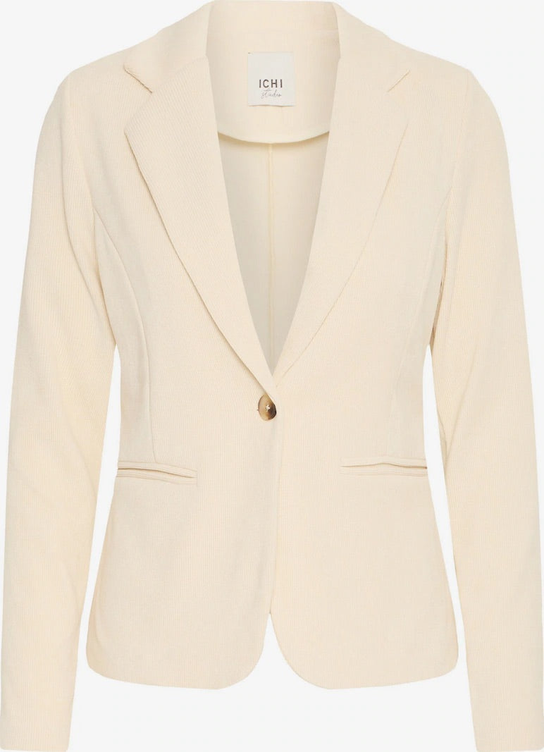 Front view of the ICHI KATE ivory corduroy blazer with notched lapels, one brown button and two welt pockets.