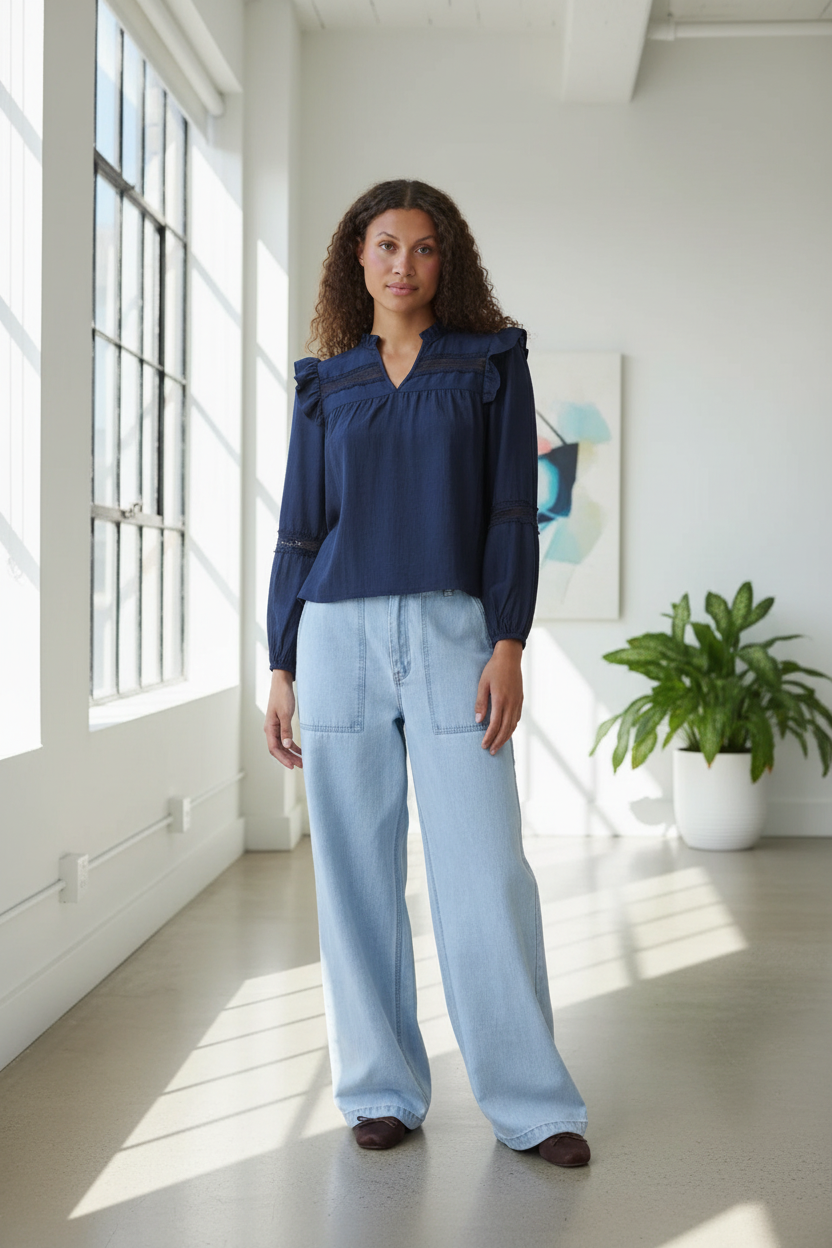 Lifestyle shot - woman in Saint Tropez navy blouse in modern loft