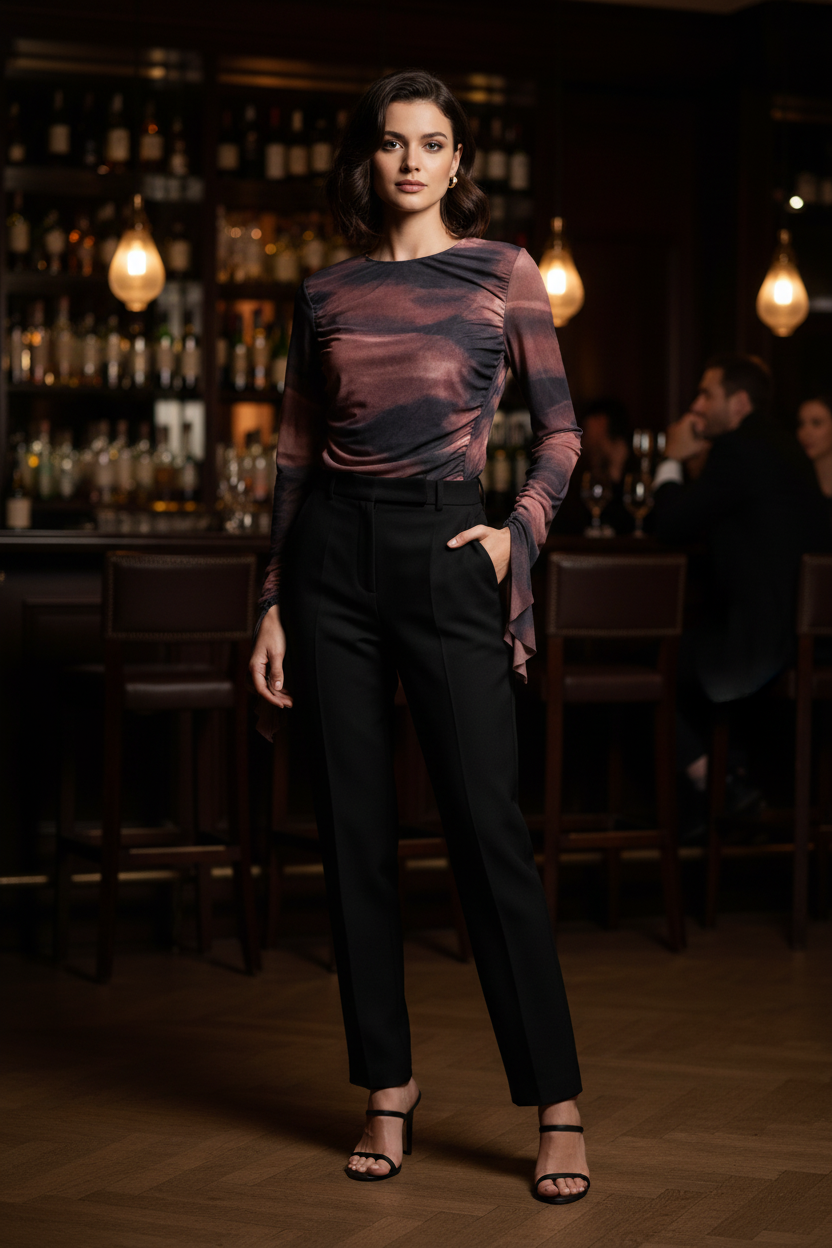 Neo Noir Gerüschte Mesh-Bluse – Brauner abstrakter Print | Damen Drapierte Oberteil