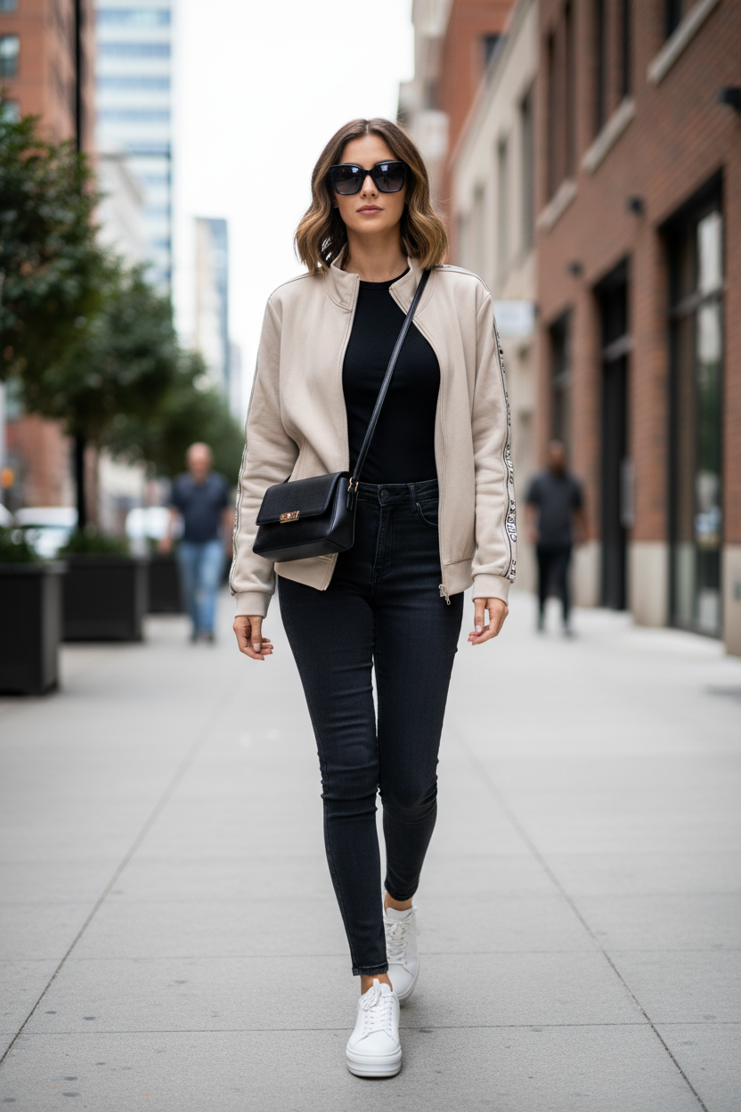 Guess Darla full zip scuba jacket beige - lifestyle street photo